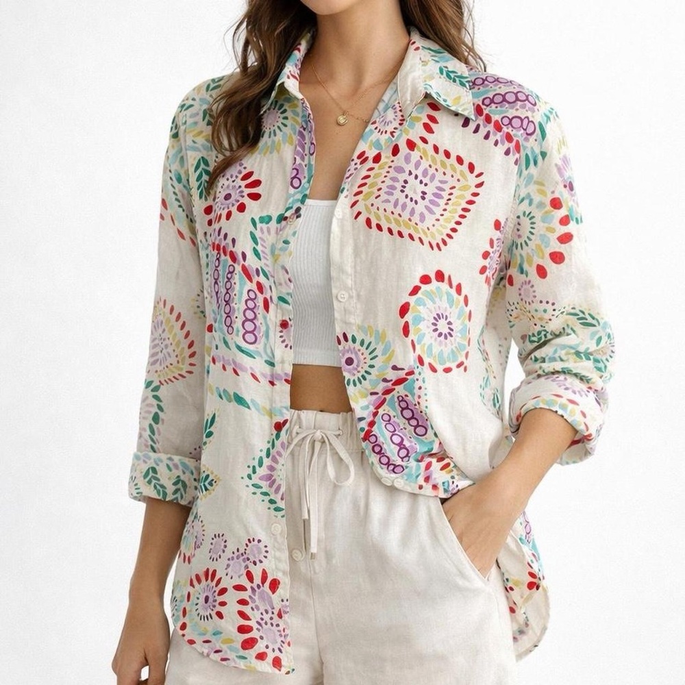 Zara Linen Tropical Art Colorful Button Up Shirt Medium Boho Resort Art to Wear